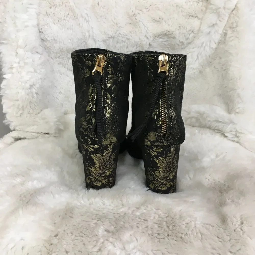 Steve Madden Black Gold Jacquard Cynthia Floral Fabric Ankle High Heel Boots 7.5
